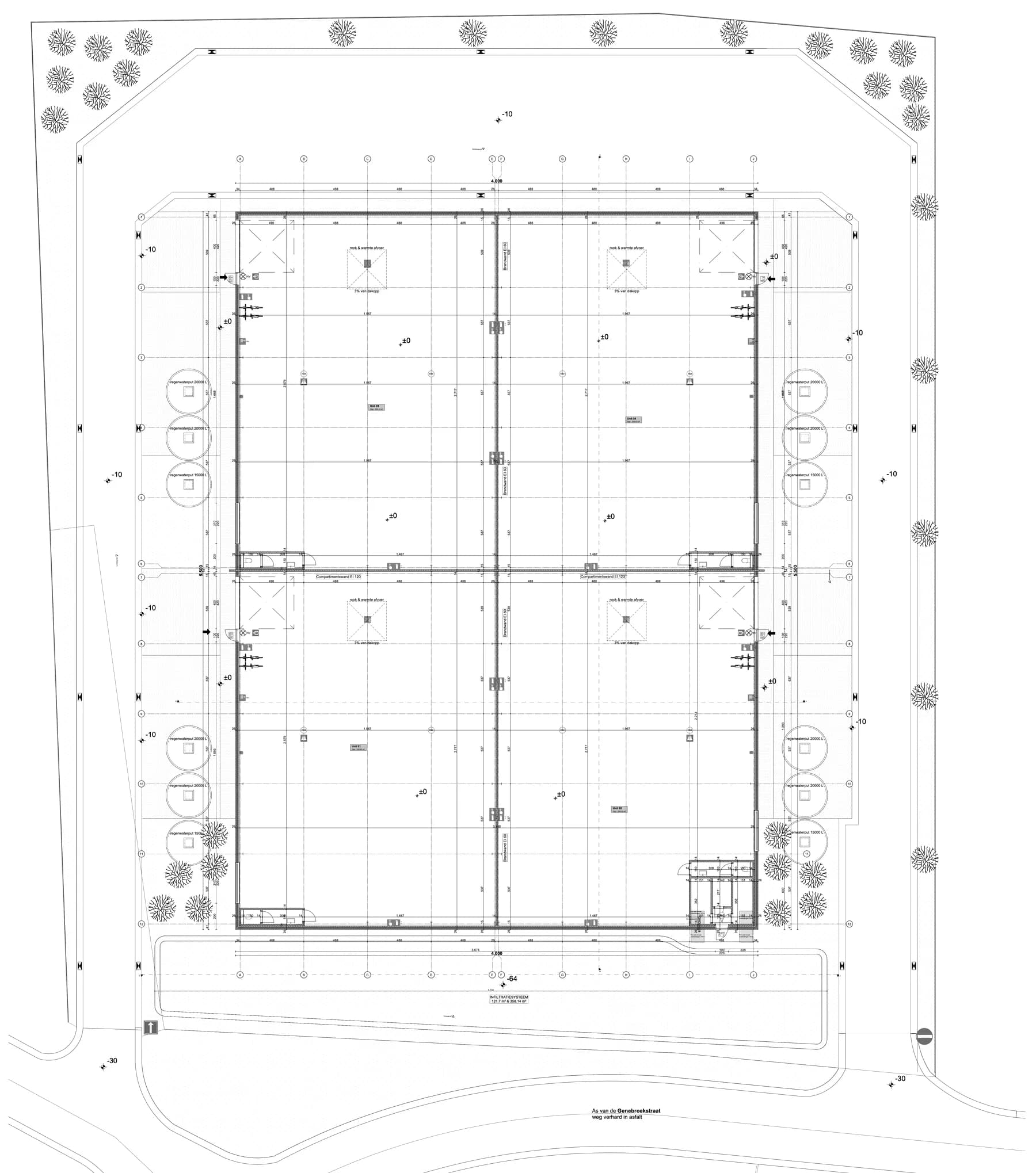 Inplantingsplan van KMO Genebroek met de vier units, de rondweg, parkeerplaatsen en regenwaterputten. De Genebroekstraat ligt onderaan.